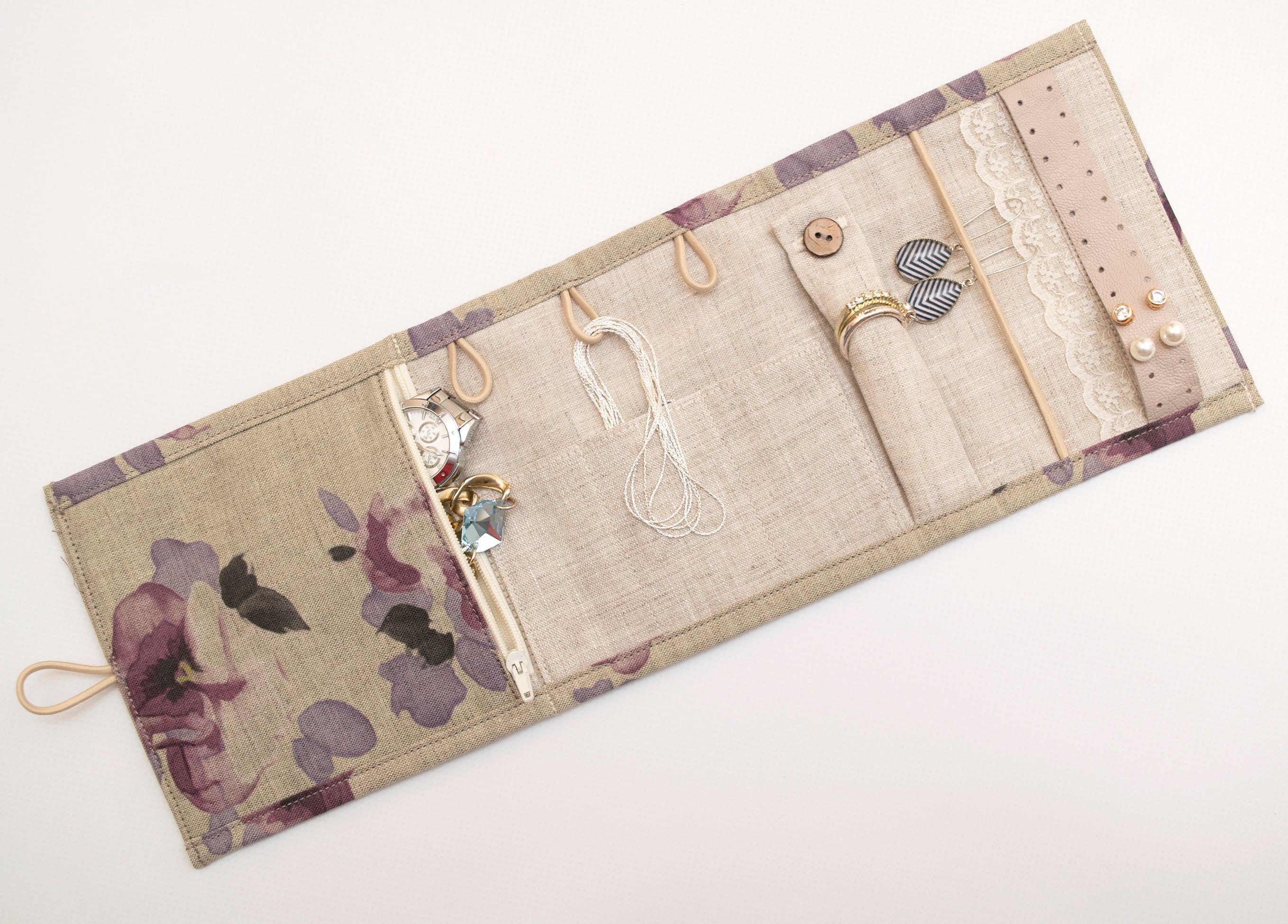 Travel Jewelry Roll Travel Organizer Jewelry Travel Case Beige Etsy