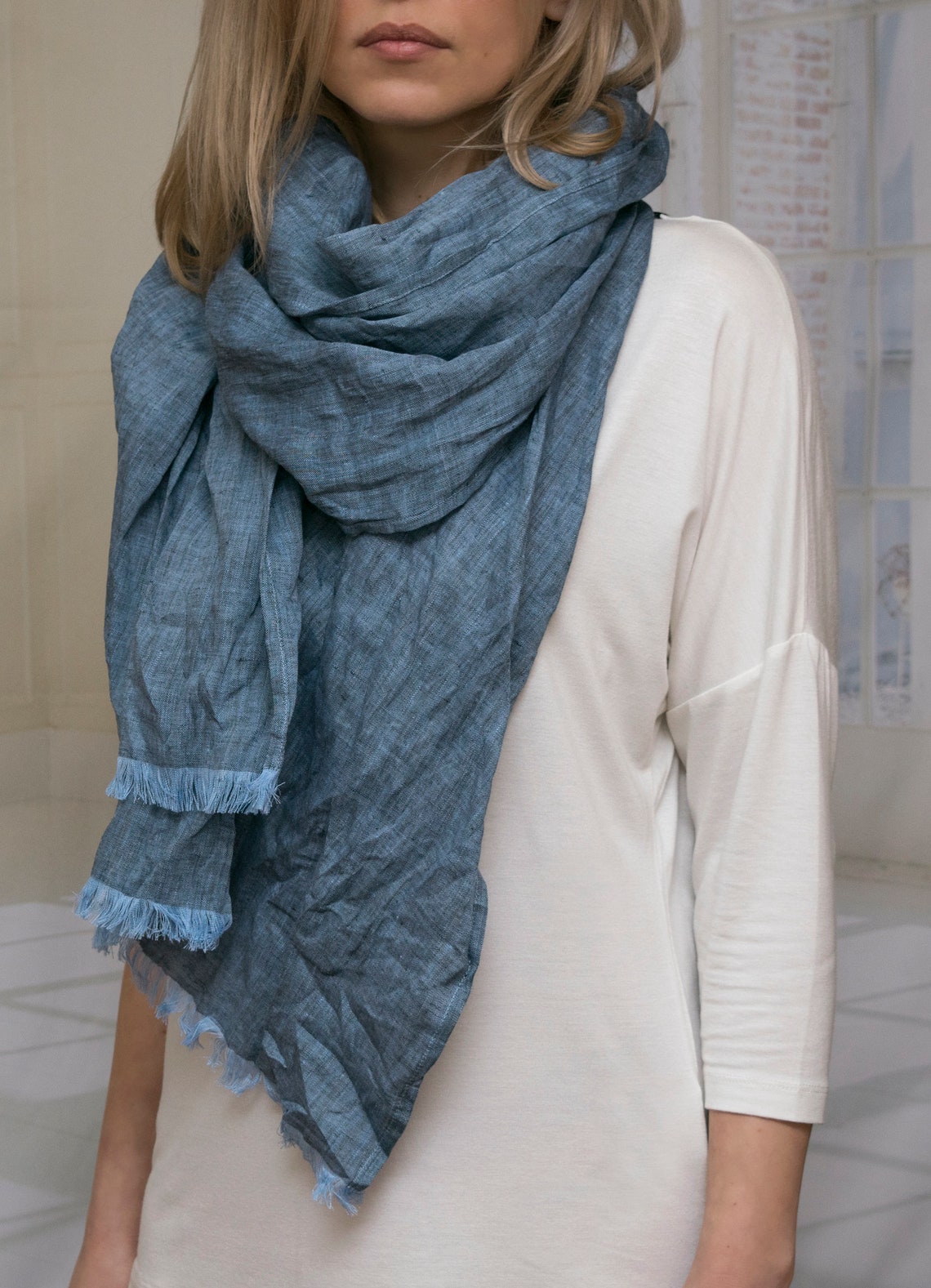 Blue long linen scarf denim style . Scarf with a fringe . Etsy