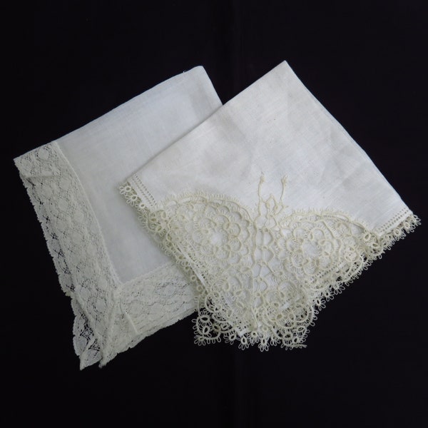 Vintage Handkerchiefs White Cotton Linen Lace Trim 2