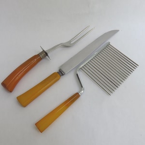 Vintage Bakelite Handle Kitchen Utensils 3 - Carving Fork, Cake Cutter, Knife