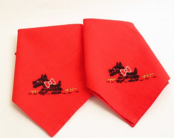 Vintage Scottie Dog Red Napkins Handmade Embroidered Linen Pair