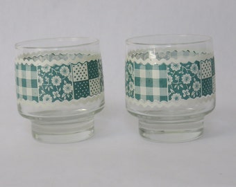 Vintage Glassware  Green Floral Gingham Stackable Juice Glasses 2