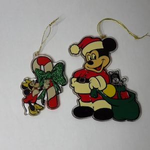 Vintage Disney Mickey Mouse Santa Claus and  Minnie Mouse Plastic Christmas Ornaments