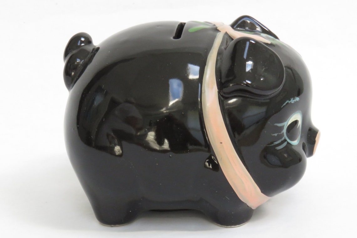 Vintage Piggy Bank Black Ceramic Hand Painted Pig Figurine | Etsy