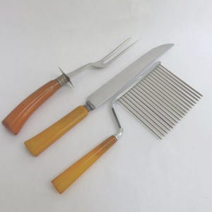 Vintage Bakelite Kitchen Utensils 3 - Carving Fork, Cake Cutter, Knife