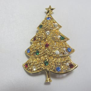 Vintage Christmas Tree Brooch Pin Goldtone Multi-colored Rhinestones