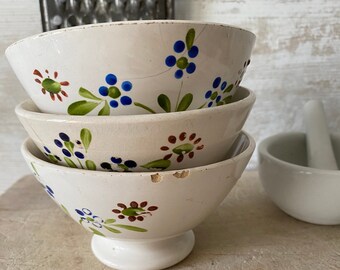 Antique French Cafe au Lait Bowls, three pretty Digoin Sarreguemines bowls, Shabby but pretty small bowls with painted flowers.