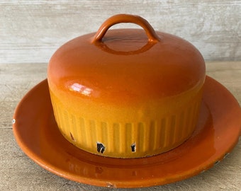 Antique enamel Butter dish, old orange enamel butter or cheese cloche, 1920s enamel butter dish, French enamelware. Rustic tableware