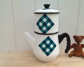 1950s French Enamel Coffee Pot - Check Design - Stove Top Coffee Pot - Vintage - Mid Century Design