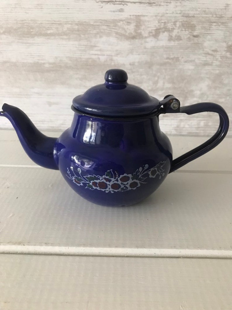 Small Vintage Enamel Teapot in Lovely Dark Blue Colour With Etsy
