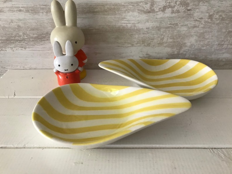 1960s Ceramic dishes Pair Vintage French Tear Drop Shape dishes with bold lemon Yellow Stripe Design by Salins France