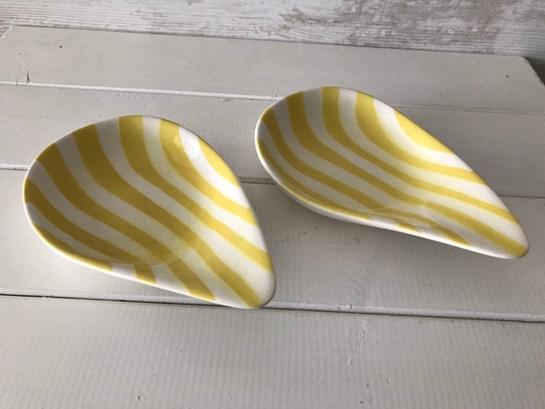 1960s Ceramic dishes Pair Vintage French Tear Drop Shape dishes with bold lemon Yellow Stripe Design by Salins France