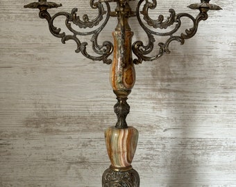 Antique French Candelabra, Classic five arm candelabra, great patina, heavy substantial brass and marble French Candelabra