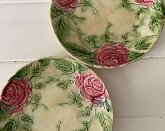 Beautiful French Majolica Pair of Rose Plates, stunning condition for age. Vibrant colours circa 1900
