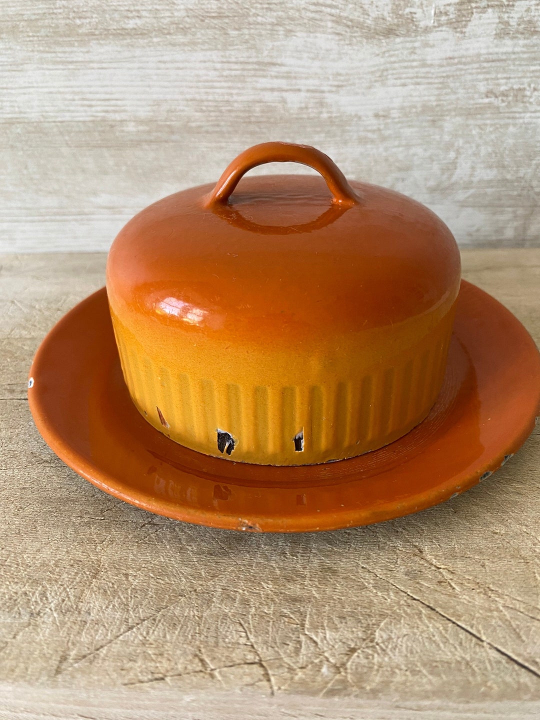 Antique Enamel Butter Dish, Old Orange Enamel Butter or Cheese Cloche