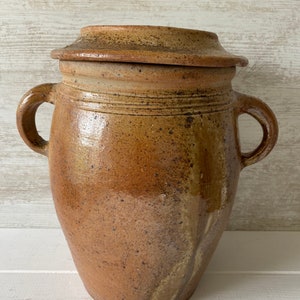 Grande barattolo antico francese in gres con coperchio, interno smaltato a sale, decorazione rustica da fattoria.