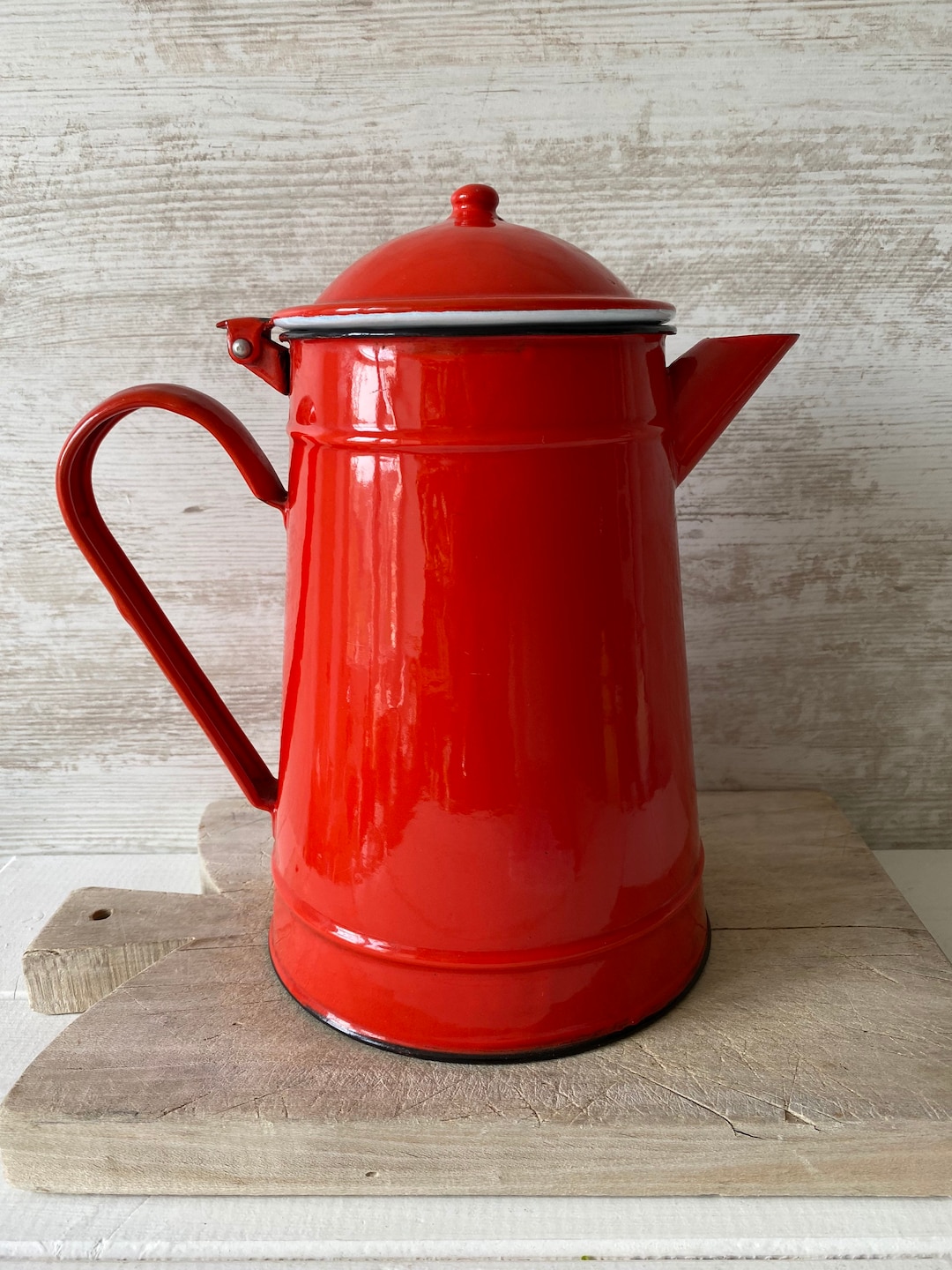 Vintage Bright Red Enamel Coffee Pot, Large Size Red Enamel Coffee Pot