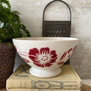 Vintage French Cafe au Lait Bowl , French Coffee Bowl  ,French Rose Red  flowers. Vintage French coffee bowl, made in France by Digoin.
