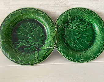 Antique French Majolica Vine Leaf Plates, French Barbotine plate, pair of Antique French Majolica plates, old backstamp circa 1900