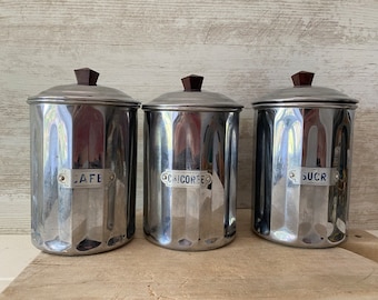 Vintage French Kitchen Canisters - Chrome with Bakelite - Original tin labels faded - Made in France 1950s