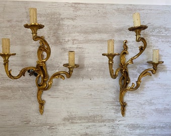 Antique French Candelabra Style three arm Wall light Pair. Antique Heavy old  Bronze wall sconces. French Chandelier lighting.