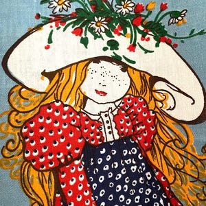 70s Whimsical Girl Cat Fruit Tea Towel, Bright Colors Linen Cotton Mix Wall Art
