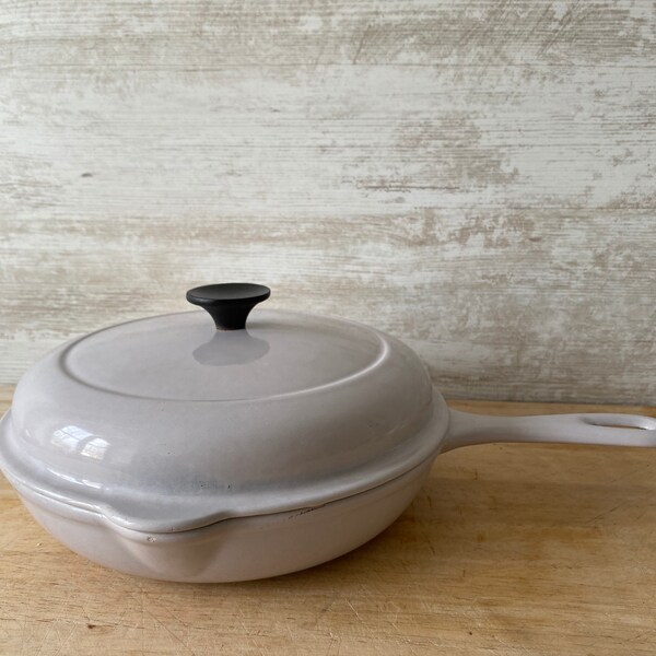 Vintage Le Creuset Lidded Sauté pan, vintage French Cookware, Le Creuset pan in winter white