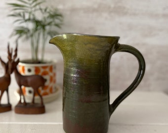 Vintage French Stoneware Green Glazed Jug, Beautiful French Rustic Jug. Glazed terracotta Earthenware.