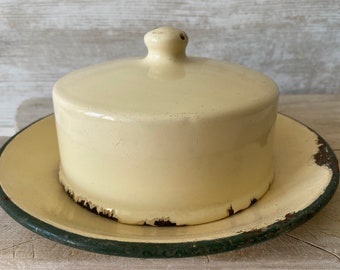 Antique enamel Butter dish, old cream enamel butter or cheese cloche, 1920s enamel butter dish, French enamelware. Rustic tableware