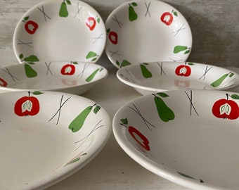 Vintage Longchamp France Bowls , 1960s MCM design with Apples and Pears. Rare design, breakfast or Salad bowls . Selling two sets of six.