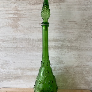 Magnificent 1960s Empoli/Italian -Genie Bottle - Vintage Empoli Italian Glass Genie Bottle, emerald green glass with grape and cherry design
