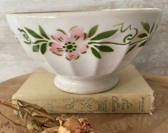 Vintage French Cafe au Lait Bowl , French Coffee Bowl  ,Pink flowers with green . Vintage French coffee bowl, made in France, large size.