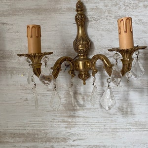 Vintage pair French wall sconces, romantic style brass and glass French wall light pair. Traditional French wall sconce, selling as a pair