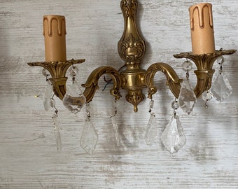 Vintage pair French wall sconces, romantic style brass and glass French wall light pair. Traditional French wall sconce, selling as a pair