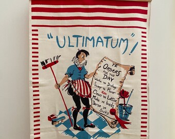 Vintage linen tea towel by Dunmoy Irish Linen, humorous tea towel, Ultimatum, unused with original label. Authentic vintage tea towel.