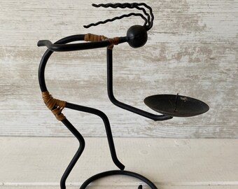 1960s Laurids Lønborg of Denmark Metal candle holder. Wire and Rattan Single  Candle Holder.