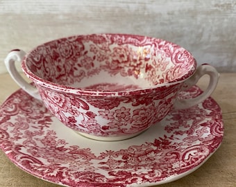 Old ironstone double handled chocolate cup, Rose Transferware cup and saucer, La Cartuja Sevilla, original backstamp. Pretty cup and saucer