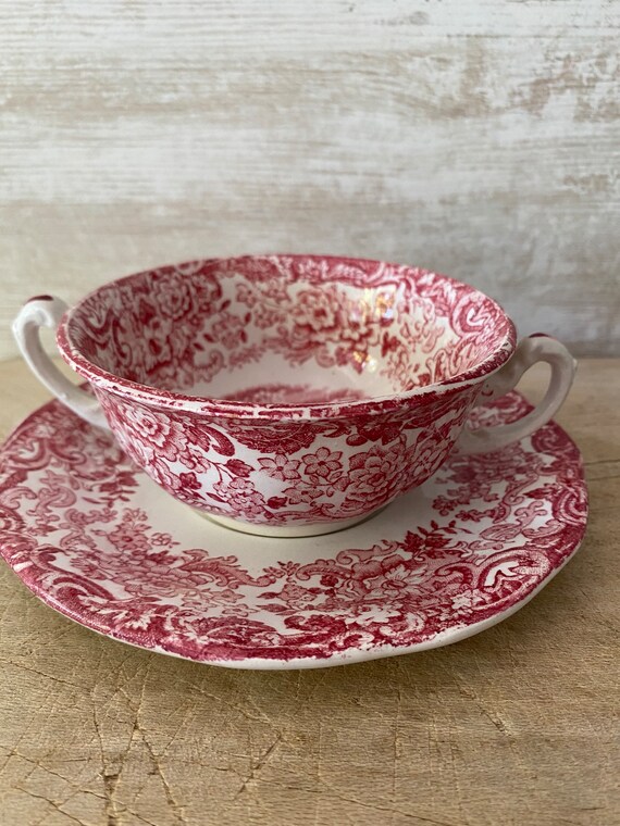 Antigua taza de chocolate de dos asas de piedra de hierro taza y platillo de Rose Transferware La Cartuja Sevilla sello original en el reverso. Bonita taza y platillo Etsy Espana
