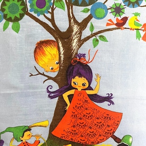 70s Lamont Irish Linen Tea Towel, Fairies Children Tree Illustration Wall Art