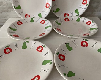 Vintage Longchamp France Plates, 1960s MCM design with Apples and Pears. Rare design, breakfast or Salad plates. Selling two sets of six.