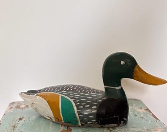 Vintage Hand Carved Wooden Mallard Duck Decoy, Folk Art Sculpture, Rustic Cabin Decor