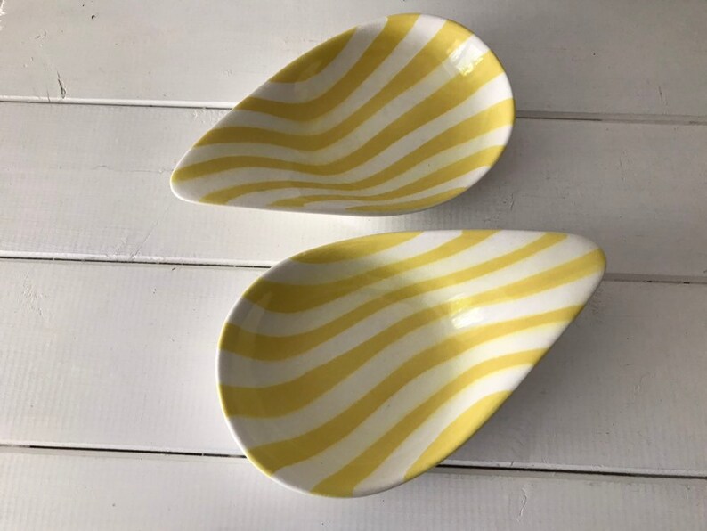 1960s Ceramic dishes Pair Vintage French Tear Drop Shape dishes with bold lemon Yellow Stripe Design by Salins France
