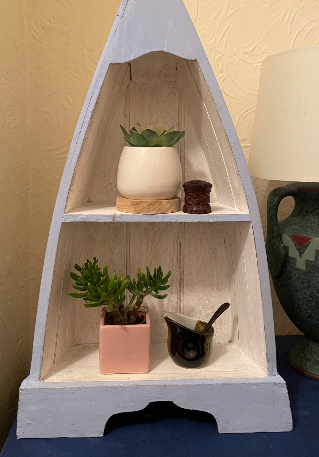 Boat Shaped Small Wooden Nautical Shelf for Nick Naks, Cactus, Herbs