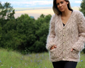 Hand Knitted Mohair Cardigan Cable Fuzzy Coat Jumper Jersey Jacket Sweater with 2 pockets Light Beige  - Made to Order - by Extravagantza