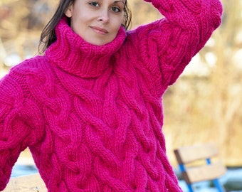 Made to Order Hand Knitted pure Soft Wool Sweater Vibe Pink Soft Turtleneneck Cable Designer Jumper Pullover Jersey by EXTRAVAGANTZA