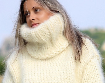 15 strands Hand Knitted Mohair Sweater, Fuzzy Turtleneck Jumper, White Women and Men Pullover, Aesthetic Winter Fetish by Extravagantza