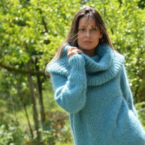 Cowl neck Sweater, Hand Knitted Mohair Pullover, Turtleneck Blue Fuzzy Jumper Jersey by EXTRAVAGANTZA image 1