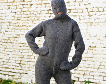 Hand Knitted Wool Catsuit Sweater Massive Gray Fuzzy Hooded Grey Bodysuit Integrated Mittens Jumper