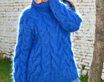 Hand Knitted Mohair Sweater  Chunky Cable Knit Pullover Royal Blue Turtleneck Fuzzy Jumper by Extravagantza