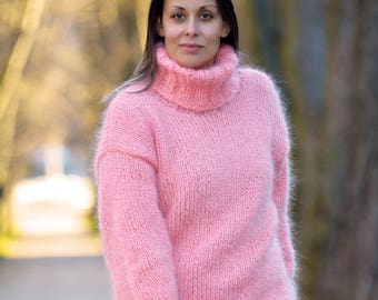 Pink Sweater, Hand Knitted Mohair Turtleneck Fuzzy Jumper T-neck Pullover Jersey by EXTRAVAGANTZA